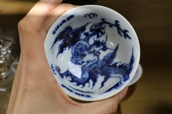 Four Chinese cafe au lait glazed stem cups and two bowls and a blue and white tea caddy tallest 11.5cm